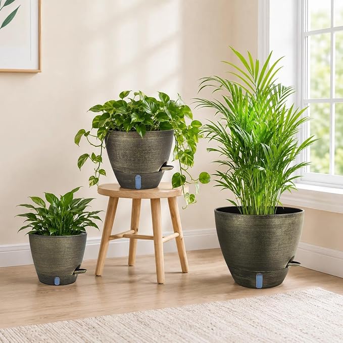 ZMTECH 12/10/8 in Self Watering Pots for Indoor/Outdoor Plants, Gold Bronze Large Plastic Planter with Water Level Indicator, Drainage Hole & Removable Saucer for Garden Flowers, Deco Plant Container