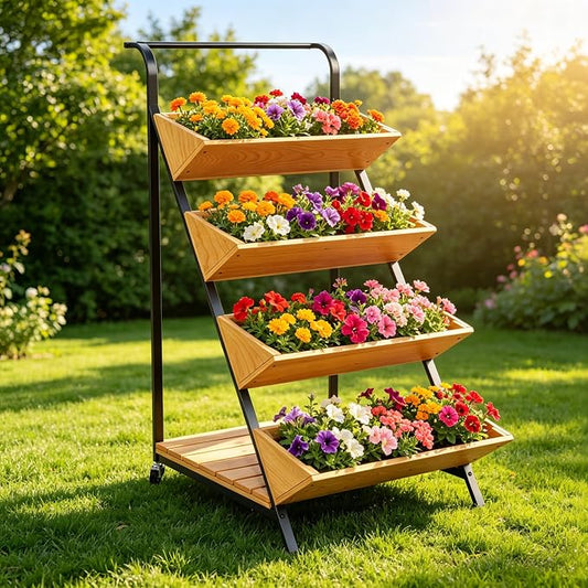 Vertical Raised Garden Bed on Wheels, Solid Wood Tiered Planter for Patio | Open-tiered for even sunlight. Rust-resistant metal frame, handle & wheels. Smooth wood. Bottom shelf for tools.