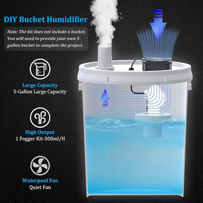 19L Large DIY Humidifier Kit - for Plants, Mushrooms, Grow Tents, Terrarium | Turns a 5 Gallon Bucket into Cool Mist Humidifier, Extendable Hose, High Output, Long Runtime (1-Fogger, Normal Mist)