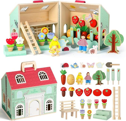 SIMPLIPLAY Montessori Wooden Garden Toys, Vegetable Matching Toy, Toy Food | 45pcs Wooden Dollhouse Kit, Educational Farm Pretend Play & Play Food Sorting for Toddler Kids Boys Girls Birthday Christmas