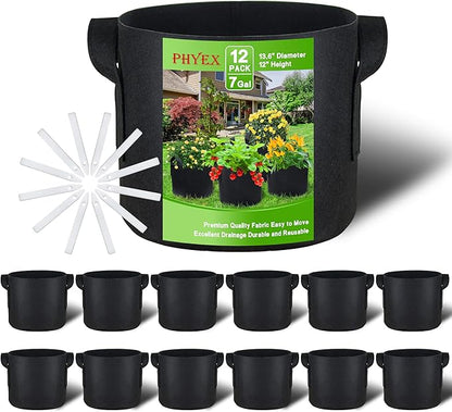 12-Pack 7 Gallon Grow Bags, Heavy Duty Fabric Pots with Handles, Reusable Plant Bags for Vegetable, Herbs & Flowers, BPA-Free, Breathable, Durable