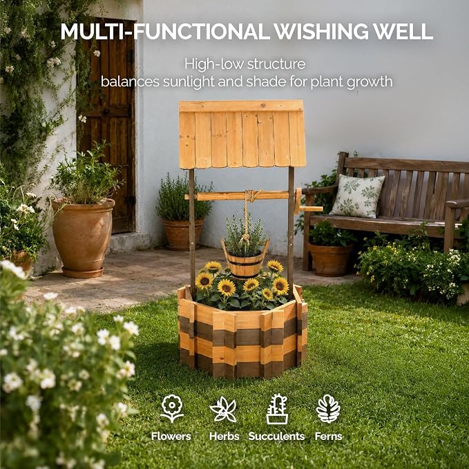 VINGLI Wooden Wishing Well Outdoor Planters, Well Covers for Yard with 2 Reinforced Rods, Height Adjustable Hanging Bucket, Rustic Flower Pot Decor for Outside Patio Garden (Two-Tone, 22" Width)