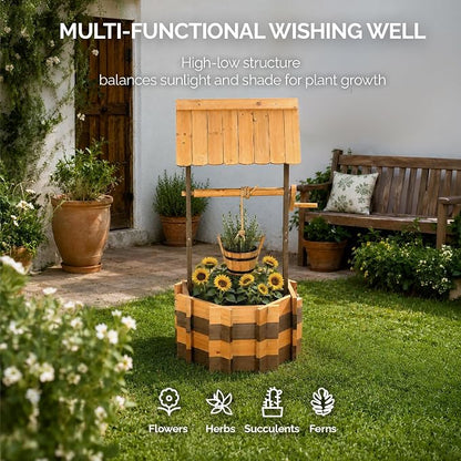 VINGLI Wooden Wishing Well Outdoor Planters, Well Covers for Yard with 2 Reinforced Rods, Height Adjustable Hanging Bucket, Rustic Flower Pot Decor for Outside Patio Garden (Two-Tone, 22" Width)