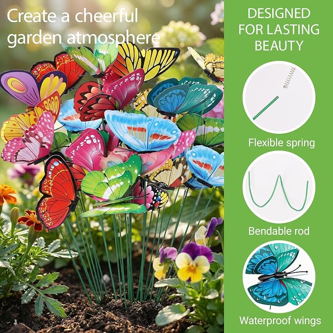30PCS Butterfly Decorations Outdoor Butterfly Garden Picks for Garden Decor | 3D Waterproof Double Layer Artificial Butterflies Picks for Crafts Flower Arrangements Outdoor Indoor Spring Decor