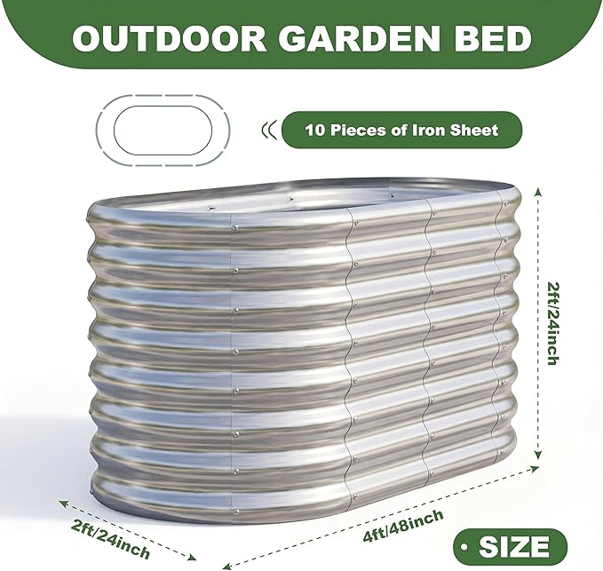 AHEONLAR 2 Pack 4×2×2ft Galvanized Raised Garden Bed Outdoor,Oval Sturdy and Durable Planter Boxes for Vegetables, Fruits, Flowers and Plants, Easy Assembly, Silver