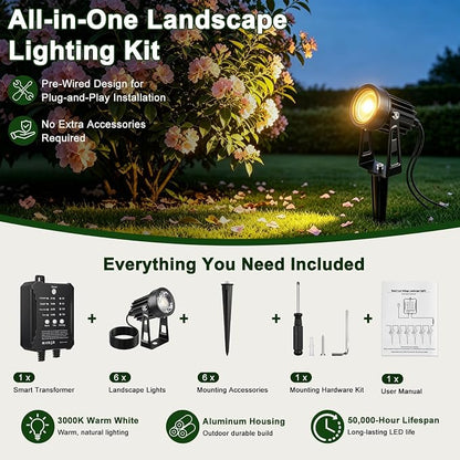 All-in-One Low Voltage Landscape Lighting Kit, 6-Pack LED Landscape Lights with Smart Transformer, 55FT Pre-Wired Cable, IP65 Waterproof Outdoor Spotlights, 3000K Warm White for Yard Garden Pathway