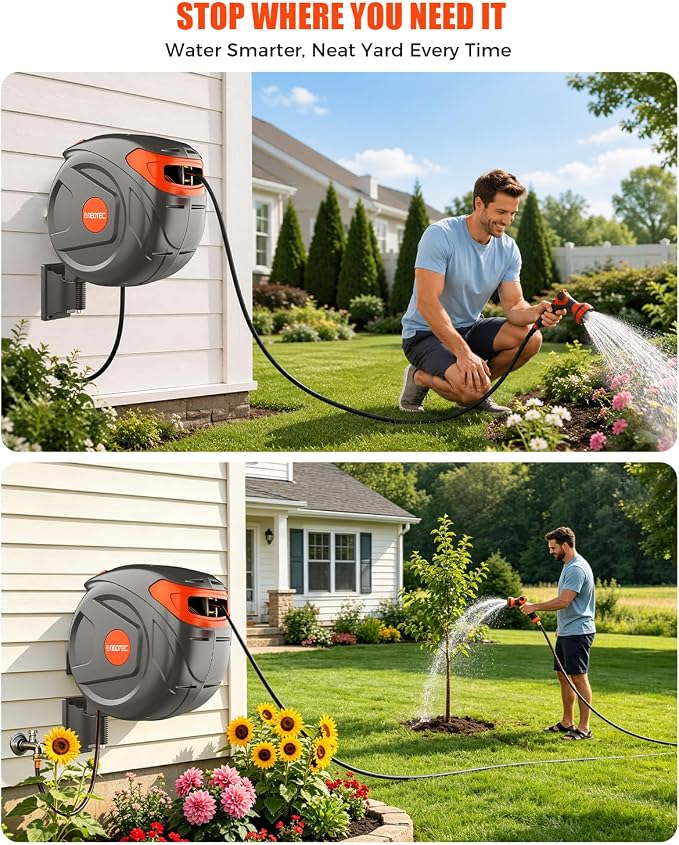100FT Retractable Garden Hose Reel 1/2 Inch, Wall Mounted Heavy Duty Water Hose with Auto-Lock, Slow Return, 180° Swivel Bracket & 9-Pattern Spray Nozzle, UV Resistant Outdoor Hose Storage System