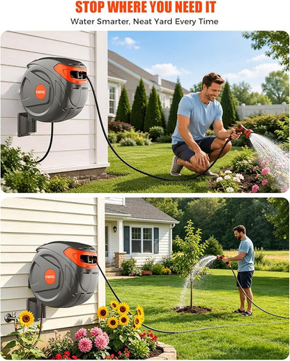 100FT Retractable Garden Hose Reel 1/2 Inch, Wall Mounted Heavy Duty Water Hose with Auto-Lock, Slow Return, 180° Swivel Bracket & 9-Pattern Spray Nozzle, UV Resistant Outdoor Hose Storage System