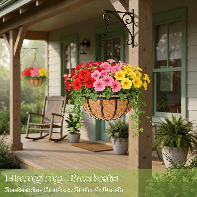 16 Inch Black Flat Iron Metal Hanging Planter Basket with Coco Coir Liner(4 Pack) Hanging Planters for Outdoor Plants Hanging Baskets for Plants Flower Pots for Deck Patio Porch Garden Balcony