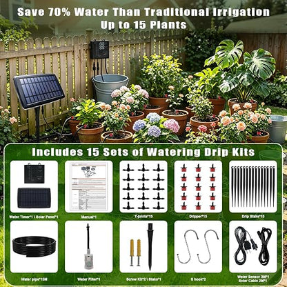 Solar Drip Irrigation System, Auto Watering Kit for 15 Pots, 49FT Hose, Low Water Alarm & Split Solar Panel, One-Button Timer, Self-Watering for Indoor Outdoor Garden Balcony Patio