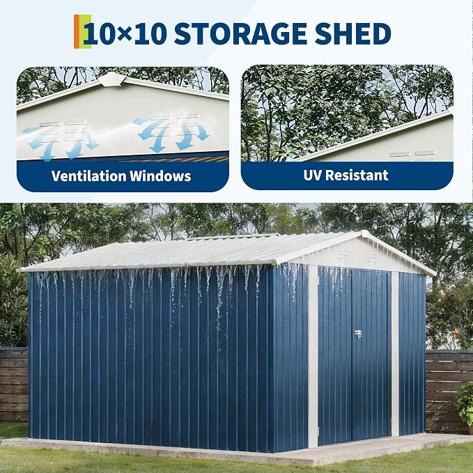 Garvee 10x10 FT Metal Storage Shed – Lockable Doors, Floor Frame, Blue | Spacious 10x10 interior – stores bikes, tools, and more.