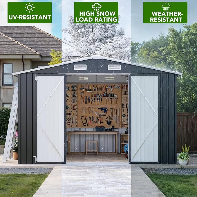 MXV 12 x 10FT Outdoor Storage Shed, Metal Garden Shed with Windows, Double Lockable Doors & Sloped Roof, Waterproof Tool Sheds for Backyard Garden Patio Lawn, Black