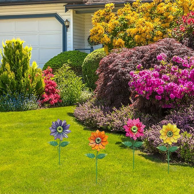 YEAHOME Garden Decor for Outside, 4 Pack 20'' Flower Garden Stakes for Spring Decor, Metal Flowers with Shaking Head Yard Art for Outdoor Lawn Patio Pathway Decorations