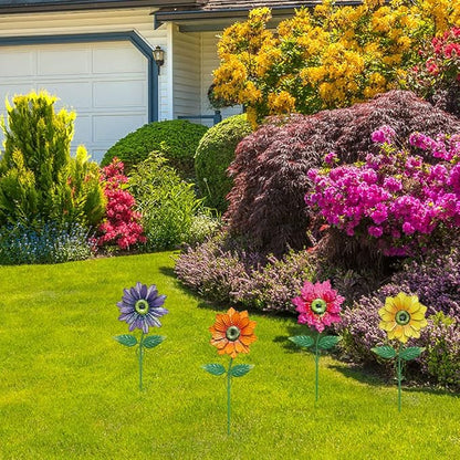 YEAHOME Garden Decor for Outside, 4 Pack 20'' Flower Garden Stakes for Spring Decor, Metal Flowers with Shaking Head Yard Art for Outdoor Lawn Patio Pathway Decorations