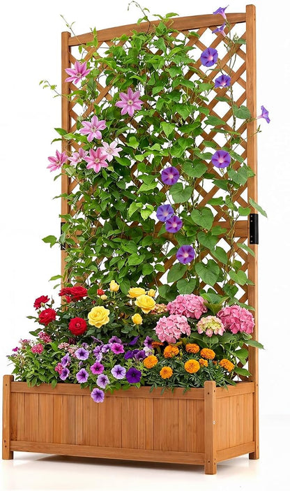 HAPPYGRILL Raised Garden Bed with Trellis, 71" Planter Raised Bed with Drainage Holes, Freestanding Garden Planter for Vine Climbing Plants, Wooden Planter Box for Yard Balcony(1, Yellow)