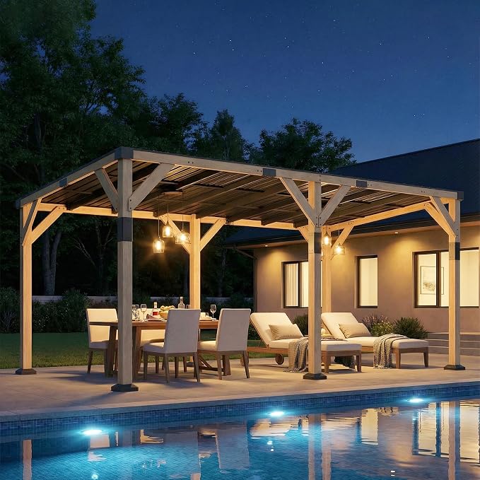Outsunny 10' x 20' Wooden Gazebo, Hardtop Lean-to Gazebo Pergola with Galvanized Steel Sloped Roof, Large Heavy Duty Awning for Patio, Deck, Backyard, Light Walnut