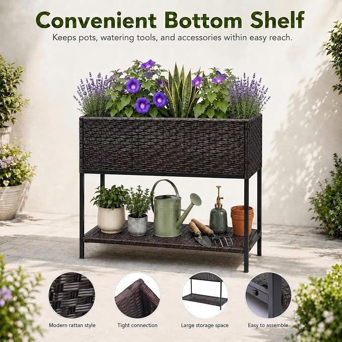 Raised Garden Bed - 3x1.5x2.5 ft Rattan Raised Bed Wicker Elevated Raised Garden Bed with Underneath Tool Storage Rack Shelf, Outdoor Raised Flower Planter Box