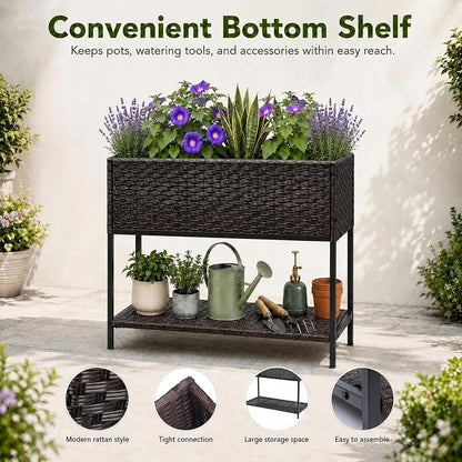 Raised Garden Bed - 3x1.5x2.5 ft Rattan Raised Bed Wicker Elevated Raised Garden Bed with Underneath Tool Storage Rack Shelf, Outdoor Raised Flower Planter Box