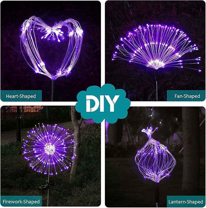 JJGoo Solar Firework Lights, 2 Pack 150 LEDs 2 Lighting Modes Solar Lights Outdoor Waterproof for Garden Patio Walkway Pathway Party Wedding Christmas Decorative - Purple