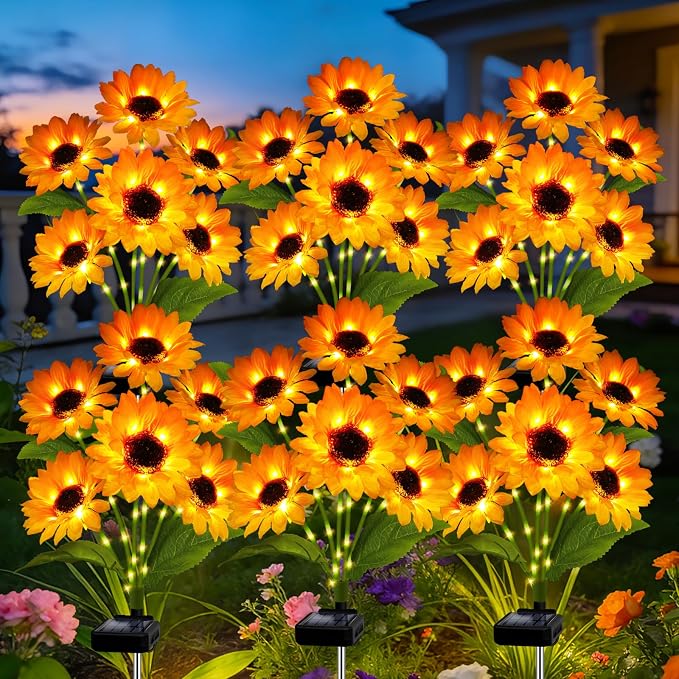 Solar Garden Lights Outdoor, 6 Pack Solar Sunflower Lights with 36 Head 3.5 Inch Flowers, Waterproof Flowers Light Fall Thanksgiving Decorations for Garden Yard Patio Backyard, Gifts for Mom Women