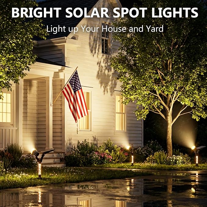DenicMic Solar Spot Lights Outdoor Waterproof 3000K Warm White Lens LED Adjustable Angle Solar Lights Outdoor for Yard Garden Patio Wall Landscape Lighting Outside 4 Pack