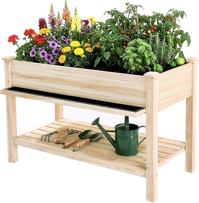 48 x 23 x 31 Inches Raised Garden Bed with Legs, Elevated Wooden Planter Box for Outdoor Plants with Water Collection Tray, Storage Shelf, Protective Liner, Natural