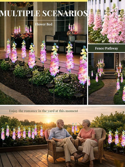 GIGALUMI Solar Lights Outdoor for Garden Decor, 3 Pack Solar Flower Lights Waterproof, 2 Lighting Modes Delphinium for Pathway,Yard, Patio, 4th of July Decoration, Gifts for Women (Pink)