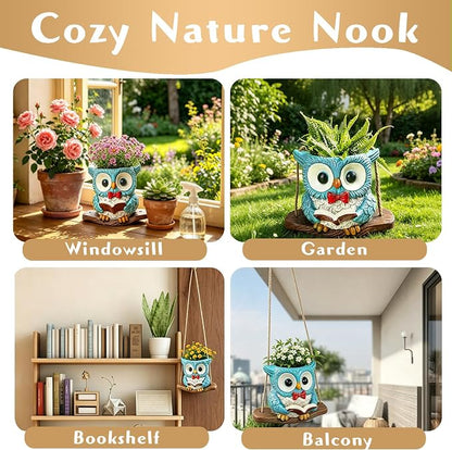 Swing Owl Hanging Planters for Indoor Outdoor Plants | Cute Owl Plant Pots with Drainage Hole,Unique Owl Succulent Pots Gifts for Teachers,Mother's Day,Birthday,Christmas