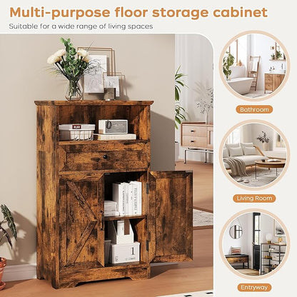 Floor Cabinet, Farmhouse Storage Cabinet with Barn Doors and Drawer, 11.81" D x 23.62" W x 39.37" H Rustic Brown Freestanding Adjustable Shelf Organizer for Bathroom, Kitchen, Living Room