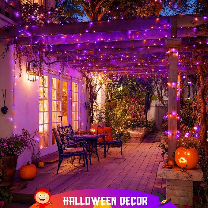 JMEXSUSS 2 Pack Solar Halloween Lights Orange and Purple, Total 200LED 66FT | Halloween Lights Outdoor Waterproof, 8 Modes Solar String Lights for Outside Patio Christmas Tree Yard Halloween Decor