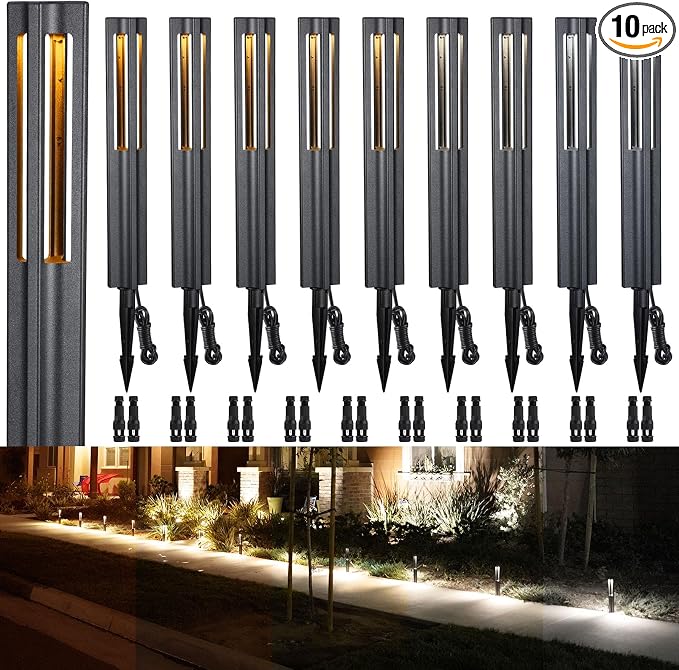 LEONLITE 10-Pack 3W 5CCT LED Low Voltage Path Lights Aluminum Black | LED Landscape Pathway Lights, Outdoor Landscape Lighting, 1800K2700K3000K4000K5000K Selectable, 12-24V, ETL, IP65 Waterproof
