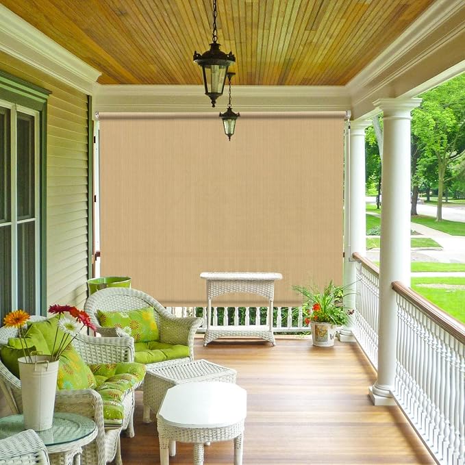 Shade&Beyond Outdoor Roller Shades with Splicing Design, 8' W x 6' H Cordless Patio Roll Up Blinds, Exterior Shade Cloth Roll for Porch, Gazebo, Pergola, Balcony, Wheat