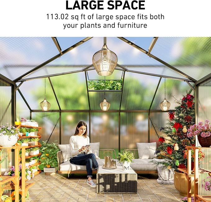 12X12FT Enhanced Aluminum Large Greenhouse for Outdoors with Thermometers | Easy Assembly, UV-Resistant Panel, Rain Gutter, Lockable Sliding Door, Built-in Reinforcement, For Vegetable, Flower and Herb