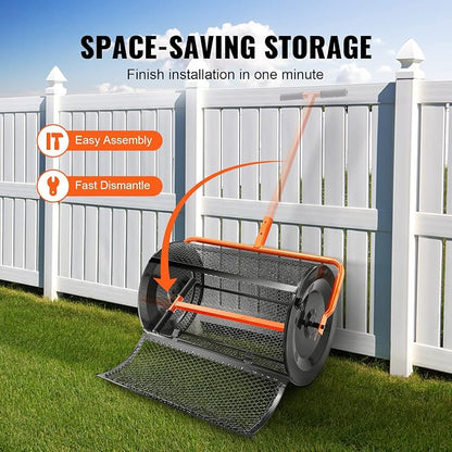 VEVOR Compost Spreader, 24.4-25.6" Height Adjustable Handle, 24" Wide, Lawn and Garden Peat Moss Roller with Side Latches, Powder Coated Steel Mesh Basket for Spreading Manure, Topsoil, Black | 24.4-25.6" Height Adjustable Handle, Powder Coated Steel M...