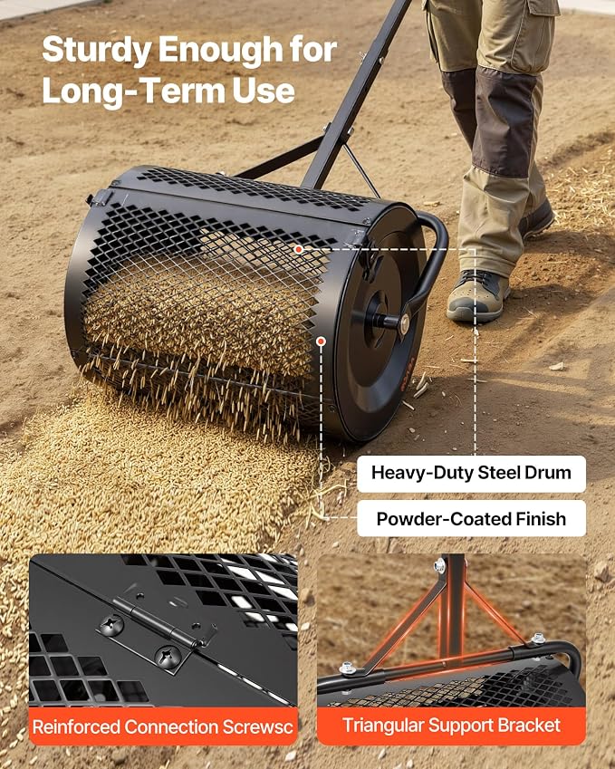 VEVOR Compost Spreader, 16.5" Wide Peat Moss Spreader with T Shaped Handle, 3 Heights Adjustable, Powder-Coated Steel Garden Peat Moss Roller, Heavy Duty Grass Seed Roller for Planting Seeding, Black