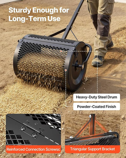 VEVOR Compost Spreader, 16.5" Wide Peat Moss Spreader with T Shaped Handle, 3 Heights Adjustable, Powder-Coated Steel Garden Peat Moss Roller, Heavy Duty Grass Seed Roller for Planting Seeding, Black