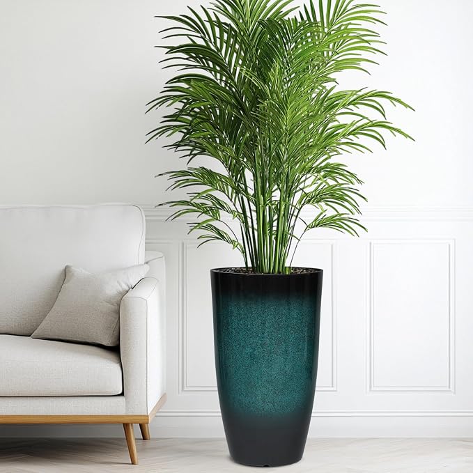 Autodaya 24" Gradient Teal Ceramic-Look Tall Planters Set of 2 | High-Density PP Pots With Drainage Hole for Indoor and Outdoor Plants, Patio, Garden, Porch, Living Room, or Gifting