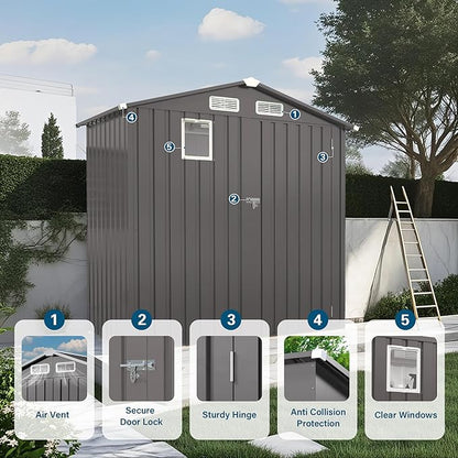 YOPTO 6X4 FT Metal Outdoor Storage Shed,Waterproof Tool Sheds with Pitched Roof and Positive Window,Backyard House Buildings w/Lockable Door & Vents,for Garden Sundries Sundries Bike,Gray