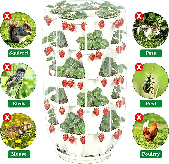 24"x40"Vertical Plant Pot Insect Netting with Zipper for Strawberry Planter | 2 Pcs Stackable 5 Tier Planter Pot Insect Mesh Protection for Herb Flower Fruit Vegetable, Front and Rear Two Zippers