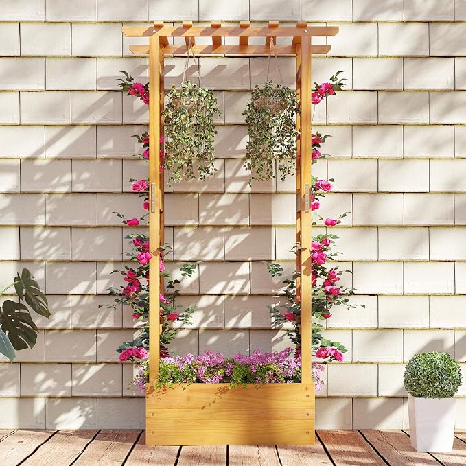 S AFSTAR Wooden Raised Garden Bed with Trellis, 60" Elevated Planter Box with Hanging Roof & Open-Ended Base for Climbing Vine Flower Herb Vegetable, Outdoor Plant Container for Patio & Yard