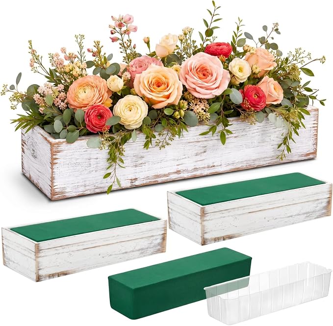 Dandat 3 Set Wood Boxes for Centerpieces 12x4 Inch Rectangle Wooden Planter Box Rustic Wooden Planters with Removable Plastic Liner Floral Foam Blocks for Christmas Wedding Home Garden Decor(White)