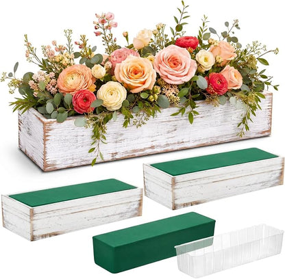 Dandat 3 Set Wood Boxes for Centerpieces 12x4 Inch Rectangle Wooden Planter Box Rustic Wooden Planters with Removable Plastic Liner Floral Foam Blocks for Christmas Wedding Home Garden Decor(White)