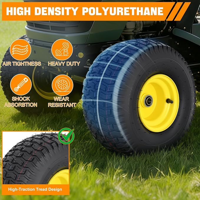 Yesker 15x6.00-6 Pneumatic Lawn Mower Tire and Wheel with 3/4" Bearing Bore, 15x6-6nhs Rubber Riding Lawnmower Tires with 3" Center Hub, 2 Pack
