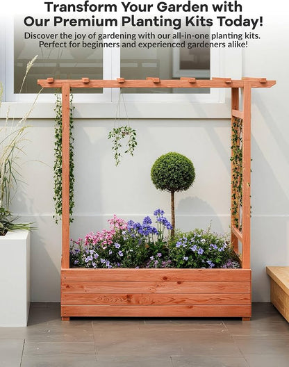 Garvee Raised Garden Bed with Trellis & Hanging Roof, Wood Planter Box with Bottom and Drainage Holes, Freestanding Garden Planter for Flower Vegetable Fruit Herb Climbing Vines, 43“x17“x44“