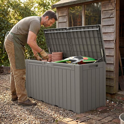 Greesum 110 Gallon Outdoor Storage Box with Lockable Lid, All-Weather Solution for Patio Furniture, Pool Supplies & Garden Tools, Waterproof, UV-Resistant Large Deck Box, Light Coffee