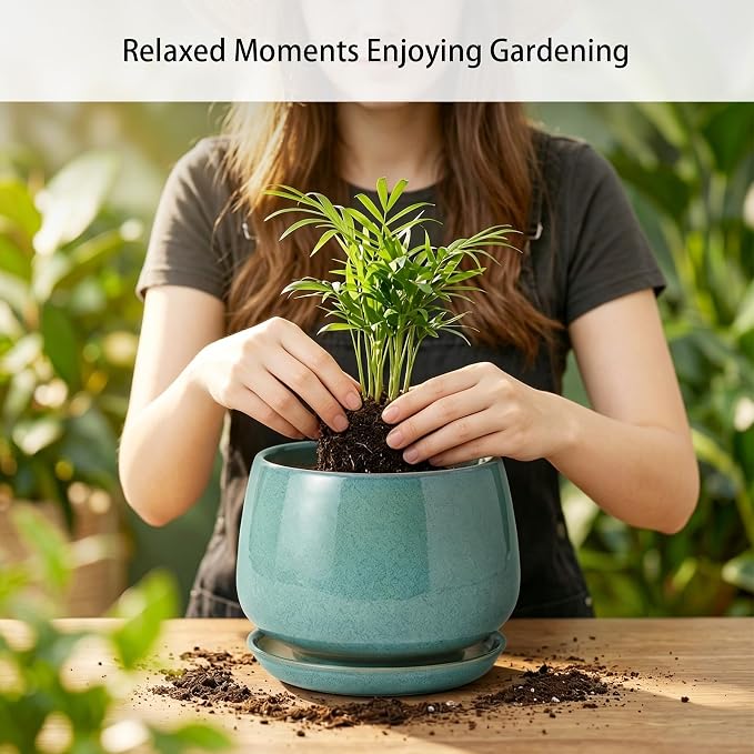 10.3 Inch Ceramic Planter with Saucer,Modern Garden Pots with Drainage Hole Mesh Net, for Indoor Outdoor Use (Blue-Green)