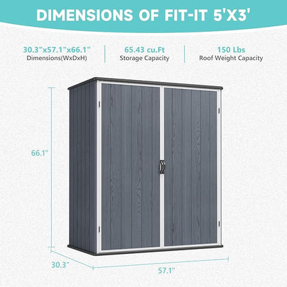 Greesum 5X3FT Plastic Storage Shed with Floor, Resin Outdoor Storaged Shed with Lockable Door, Easy Assembly All-Weather Tool Sheds for Yard, Patio, Garden, Dark Gray (4.7×2.5FT)
