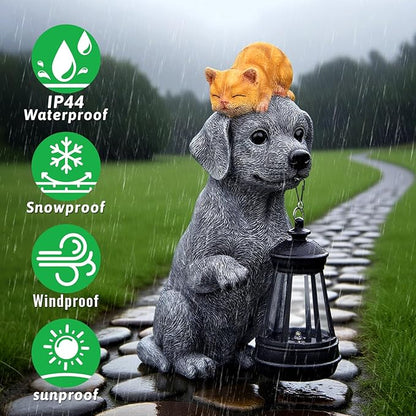 for Mom – Solar Dog Garden Statues with Lantern and Sleeping Cat, Resin Pet Figurine Light for Outdoor Yard Decor, Gift for Women Grandma