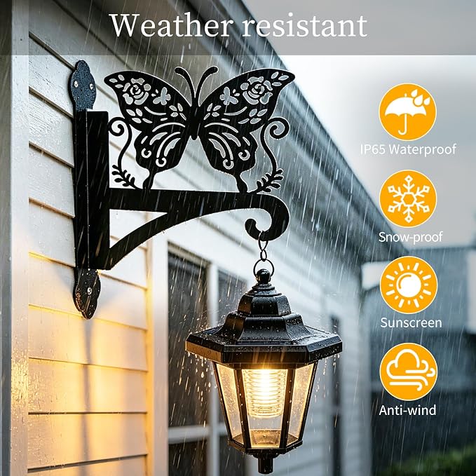 VOOKRY Solar Wall Lanterns Outdoor, Waterproof 2 Pack Hanging Lights with Butterfly Hooks, Wall Mount Sconce with 3 Solar Panels for Patio Porch Yard Garden Decor, Dusk to Dawn 2700K Warm White