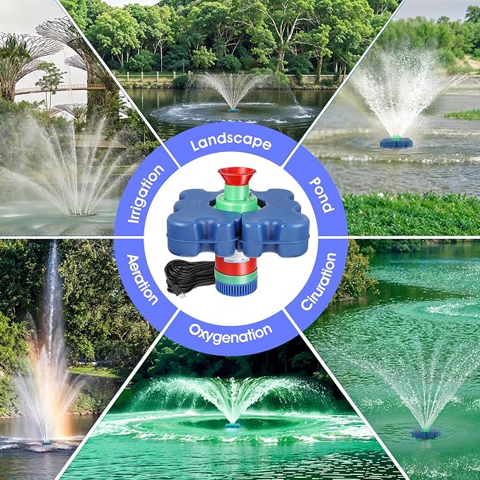 Pond Fountain Aerator Floating with Time Controller for Outdoor Large Ponds | AC110V 1HP 750W with 15000 GPH Aeration System Aerating Fountain Pump for Outdoor Ponds & Lakes with 15A/100FT Power Cord